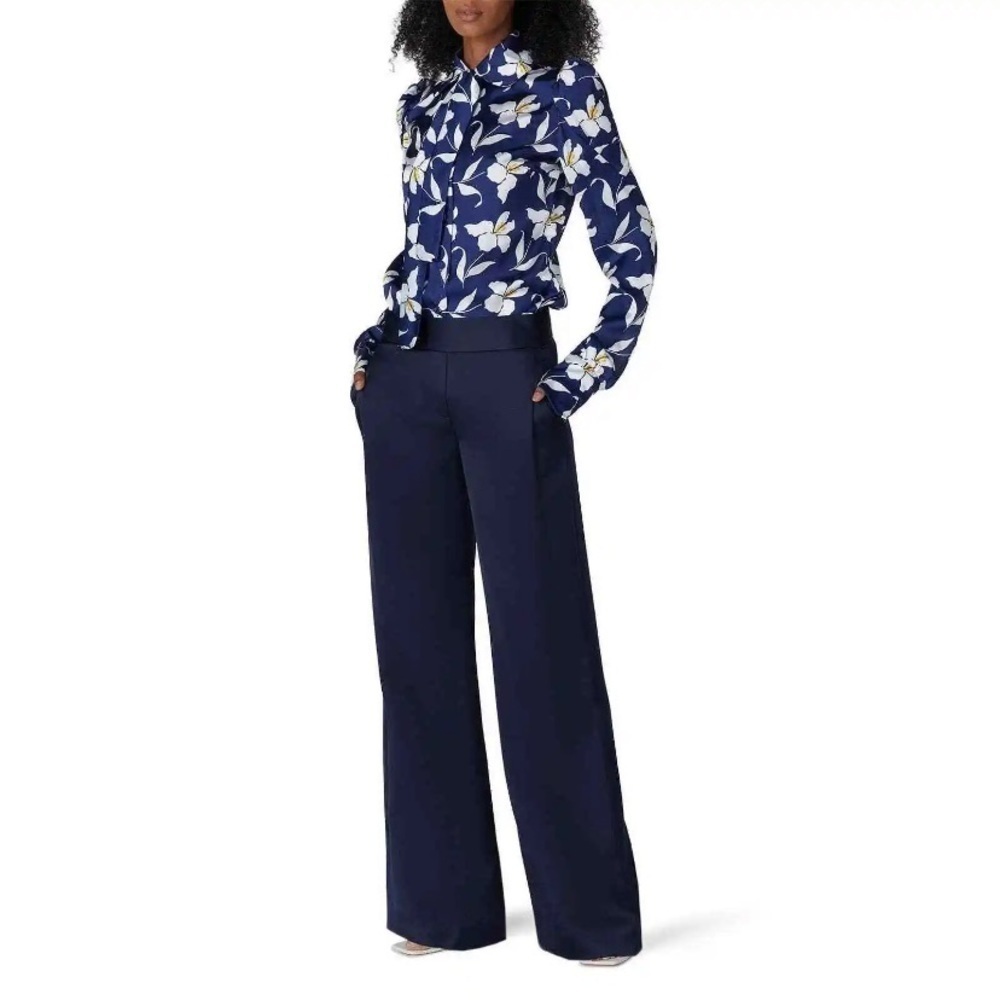 Giovanna Nicolai Shirt Womens BlueFloral Satin Long Sleeve Tie Neck Blouse